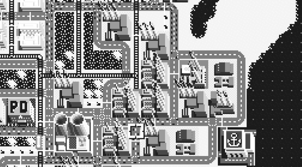 A black and white isometric view of an early SimCity cityscape.