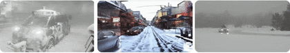 The Waymo Driver in a snow chamber, driving down a simulated snowy-Bourbon Street in New Orleans, the Waymo Driver safely navigating icy roads.