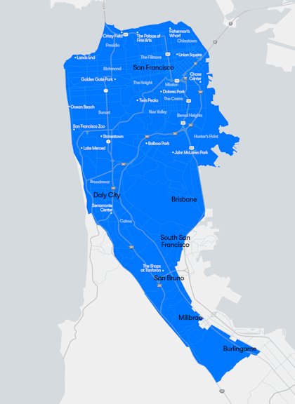 Mapa del territorio de San Francisco que cubre toda la ciudad y Daly City