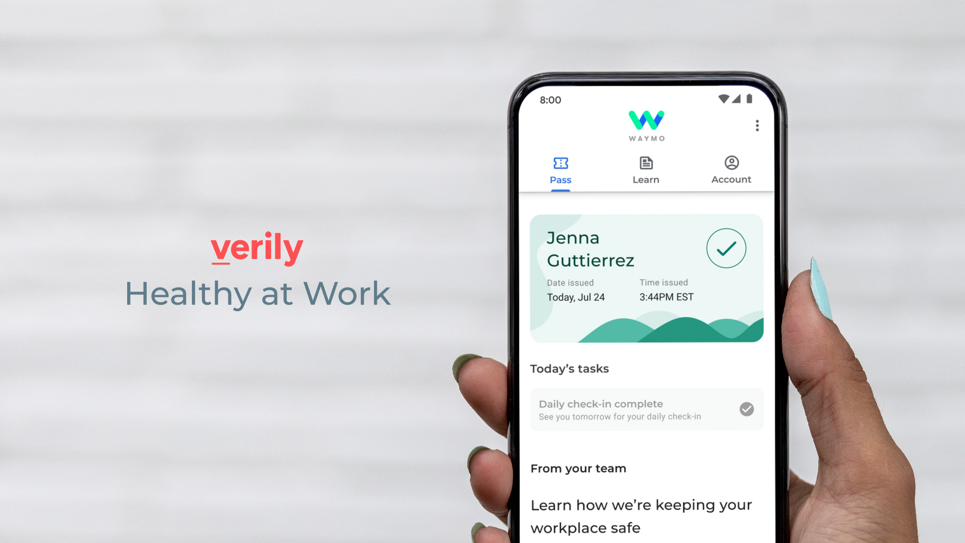 A phone displaying Verily's Healthy At Work COVID-19 check