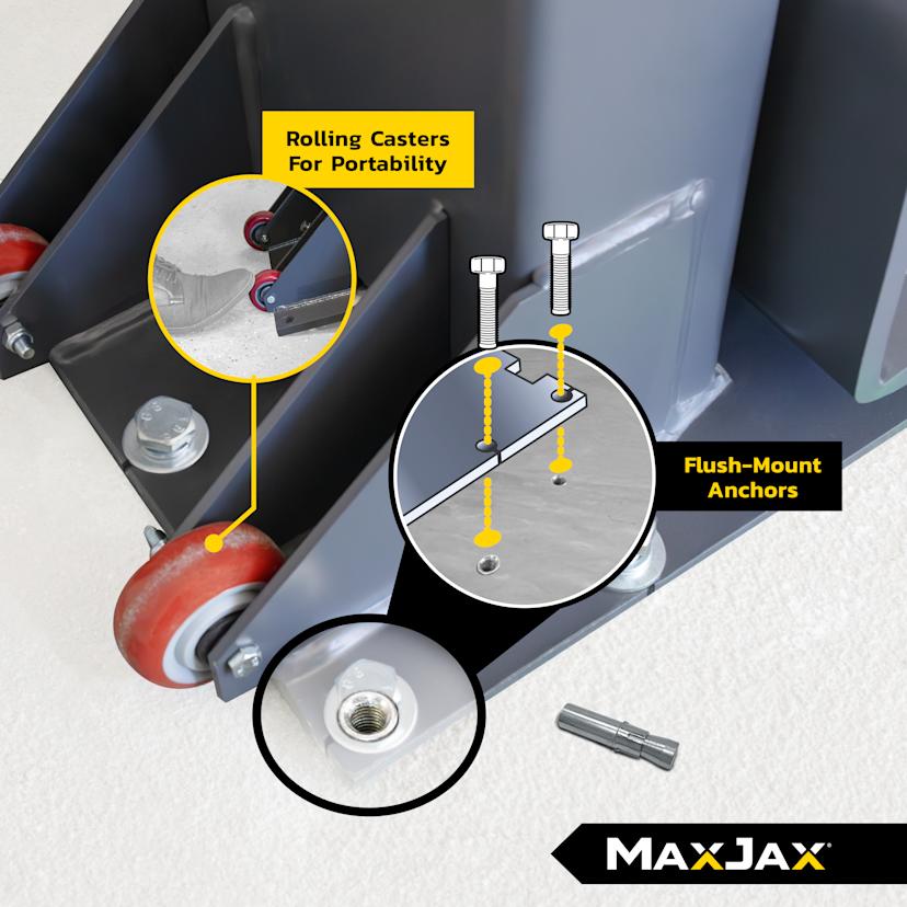 MaxJax portable two-post car lift is securely anchored