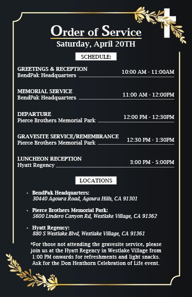 Don Henthorn Memorial Service Order of Events and Locations