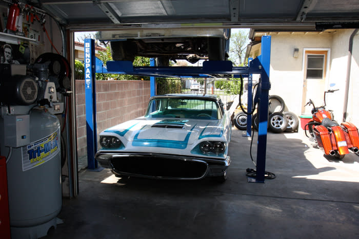 BendPak Four Post Lift in Home Garage with Classic Car