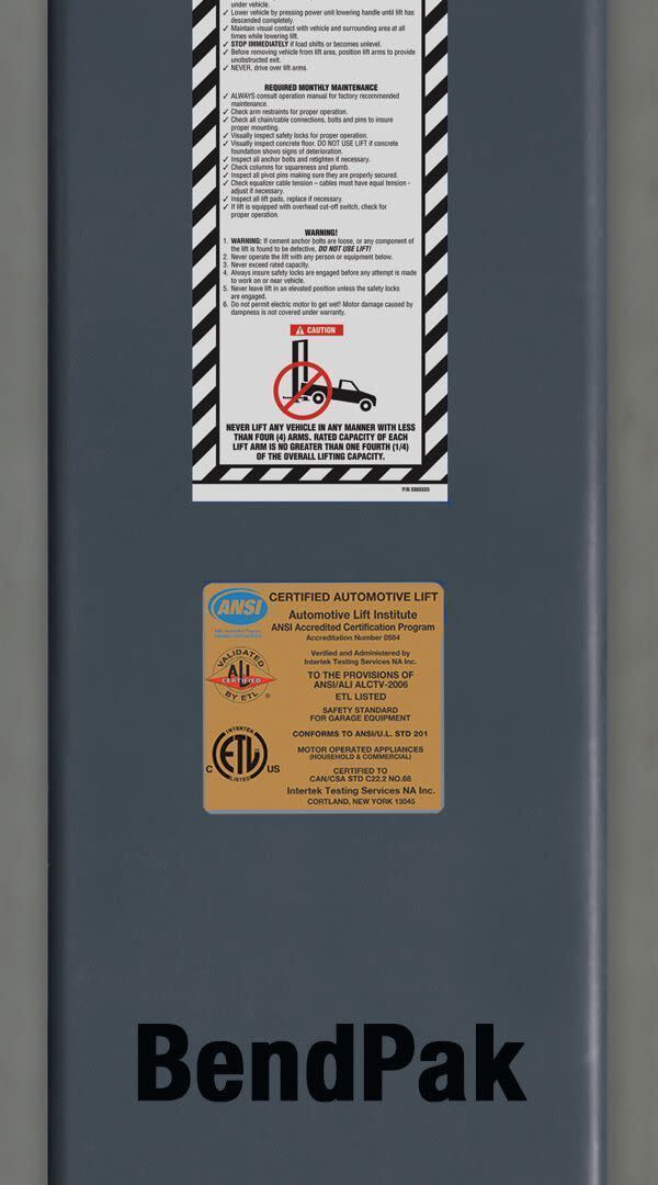 BendPak ALI Certified Automotive Lift Safety Label