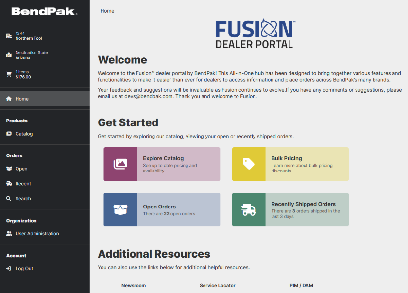BendPak Fusion Dealer Portal Dashboard Home Screen