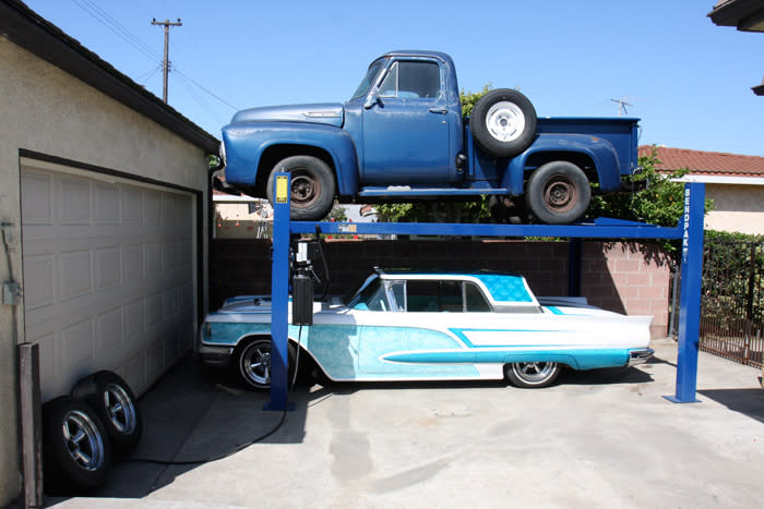 BendPak HD 9 Four Post Lift with Classic Truck and Car