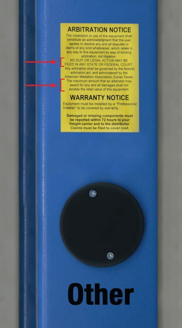 Competitor Lift Warranty and Arbitration Notice Label