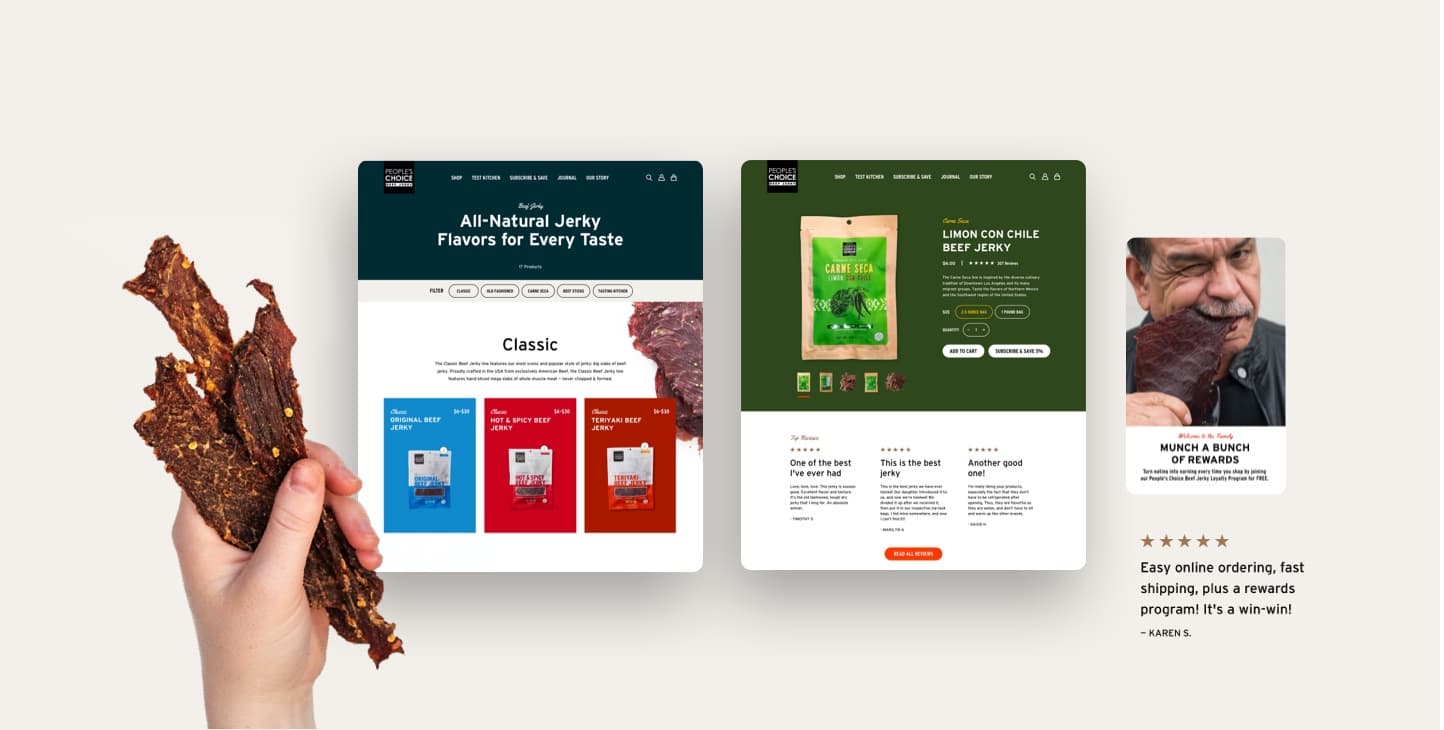 Three screens showing the People's Choice eCommerce experience are framed by a hand holding beef jerky.