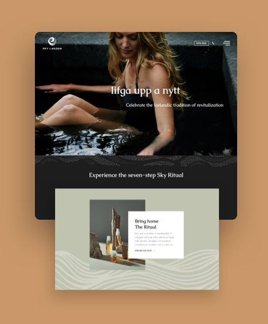 The web page for the seven-step shows a woman soaking in a thermal bath. Superimposed on the web page image is a page from Sky Lagoon's eCommerce experience offering products used in the ritual.   