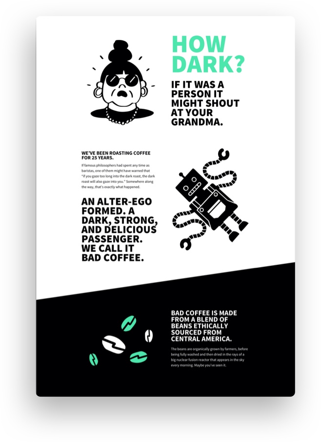 A page from the Bad Coffee website features cartoons of a grandma and a robot as well as a brief history of the company.