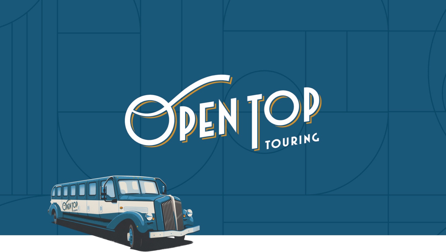 An illustrated banner reads Open Top Touring and features one of the vintage-inspired vehicles.