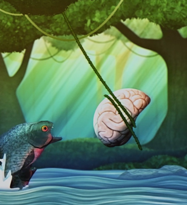 A still from the Alberta Family Wellness Initiative's brain-resilience animated video show a brain swinging on a rope above a stream of hungry piranhas.