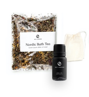 Sky Lagoon-branded products that enhance the spa experience, including Nordic Bath Tea.