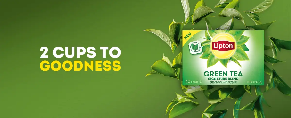 A 40-count box of Lipton Green Tea Bags in front of swirling green tea leaves on a green background. To the left is text that reads, 
