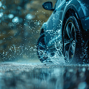 A close up view of rainwater splashing from car tires on the road.