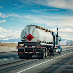Hazmat truck driving on the highway.