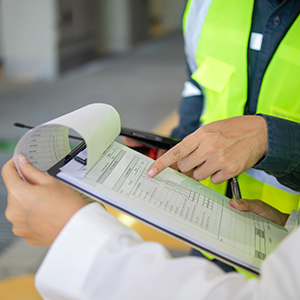 Two workers wearing high-visibility safety vests review and point to a checklist on a clipboard at a jobsite or industrial work area.