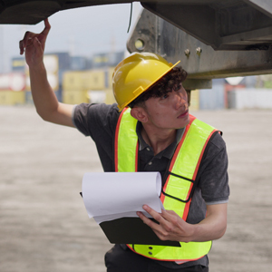 A worker wearing a yellow hard hat and reflective safety vest inspects the underside of industrial equipment while holding a clipboard in an outdoor worksite.