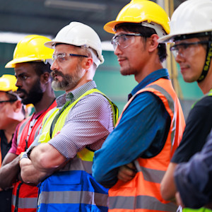 Workers in an industrial factory wearing personal protective equipment while attending a safety training meeting.