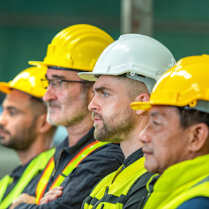 A group of four construction workers wearing hard hats and high visibility vests.