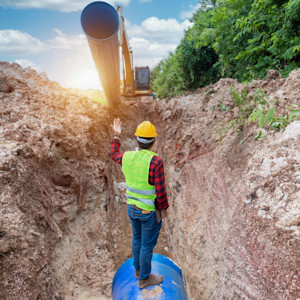 A construction worker uses hand signals to help an excavator operator lower a pipe into a trench.