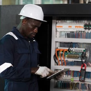 An electrician wearing a white hard hat, gloves and reflective workwear consults a tablet while inspecting wiring and components inside an industrial electrical control cabinet.