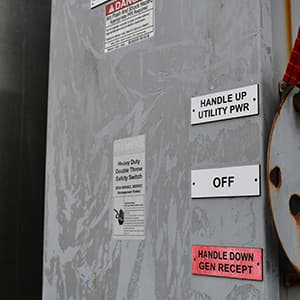 A heavy-duty electrical safety switch is mounted on an exterior wall, with labels indicating utility power, the off position, and generator receptacle.