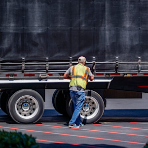 A man wearing a high visibility vest tightens the straps on a conestoga semi trailer.