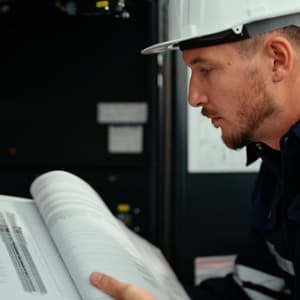 A technician wearing a black cap and dark work shirt studies an open technical manual in front of industrial electrical equipment.