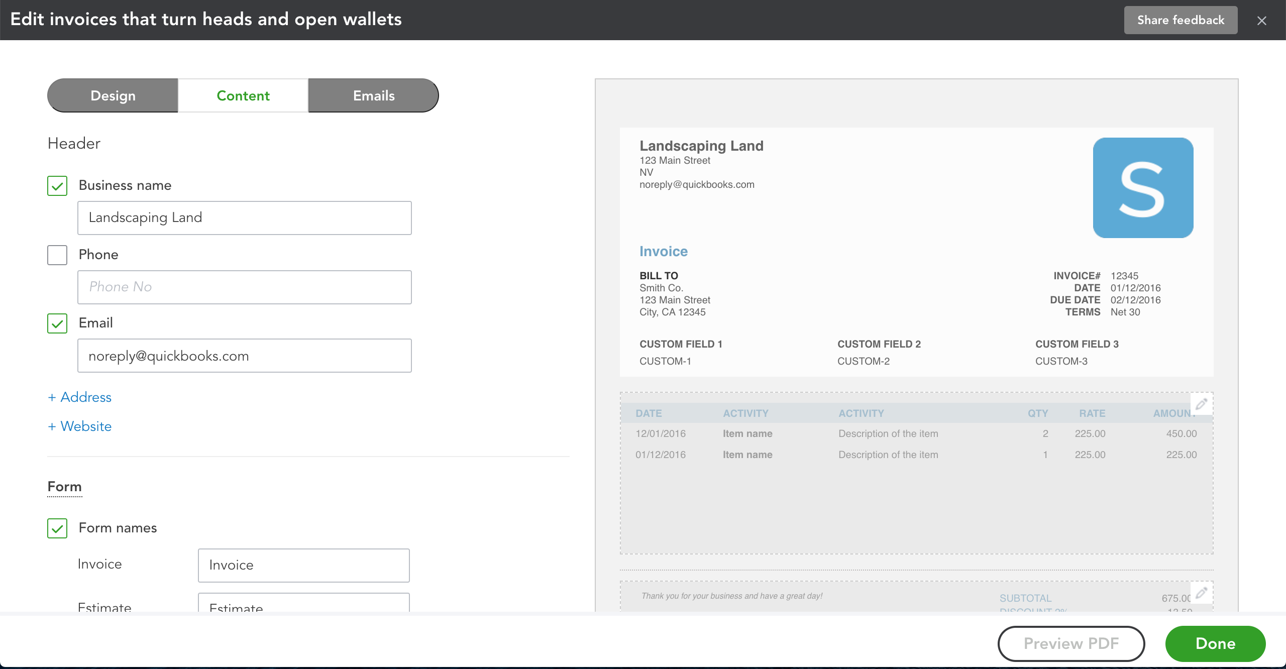 Edit Invoice Design Tab