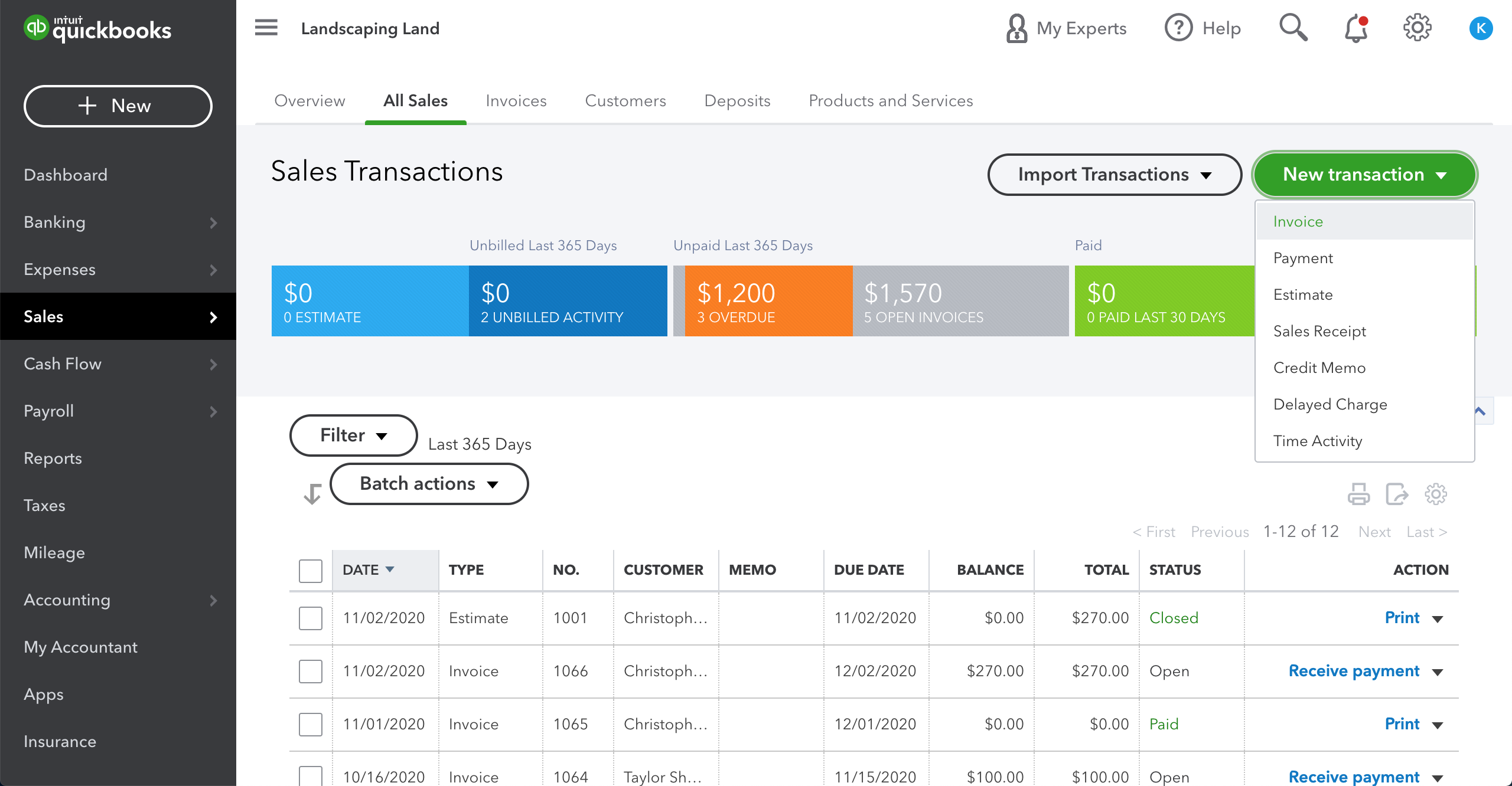 QuickBooks Online Create New Invoice
