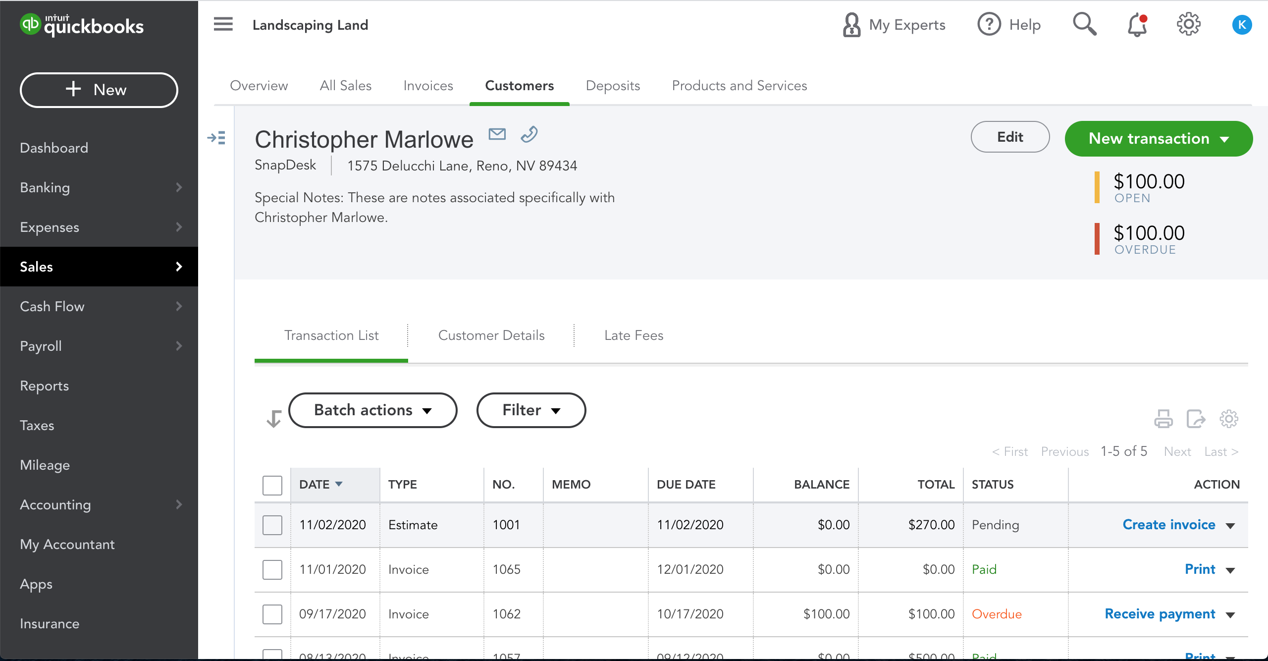 QuickBooks Customer Estimate