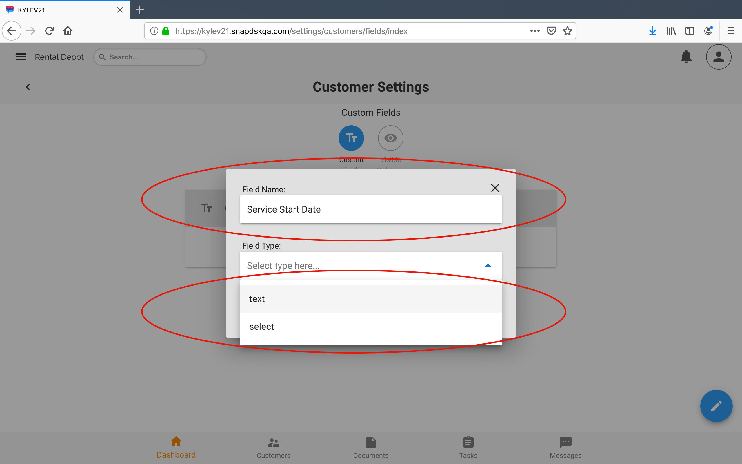 SnapDskCreateCustomFields