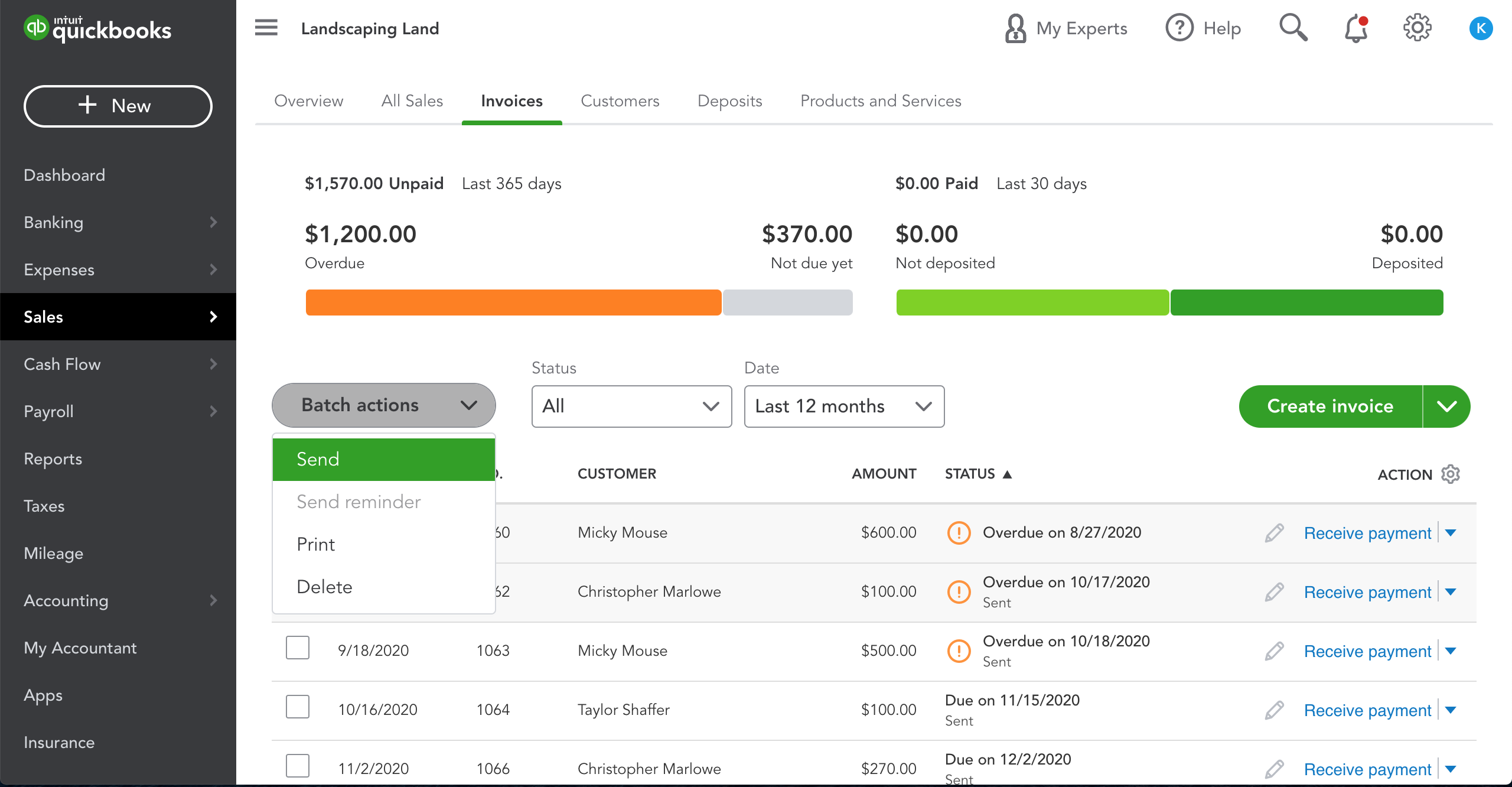 QuickBooks Online Invoice Batch Actions