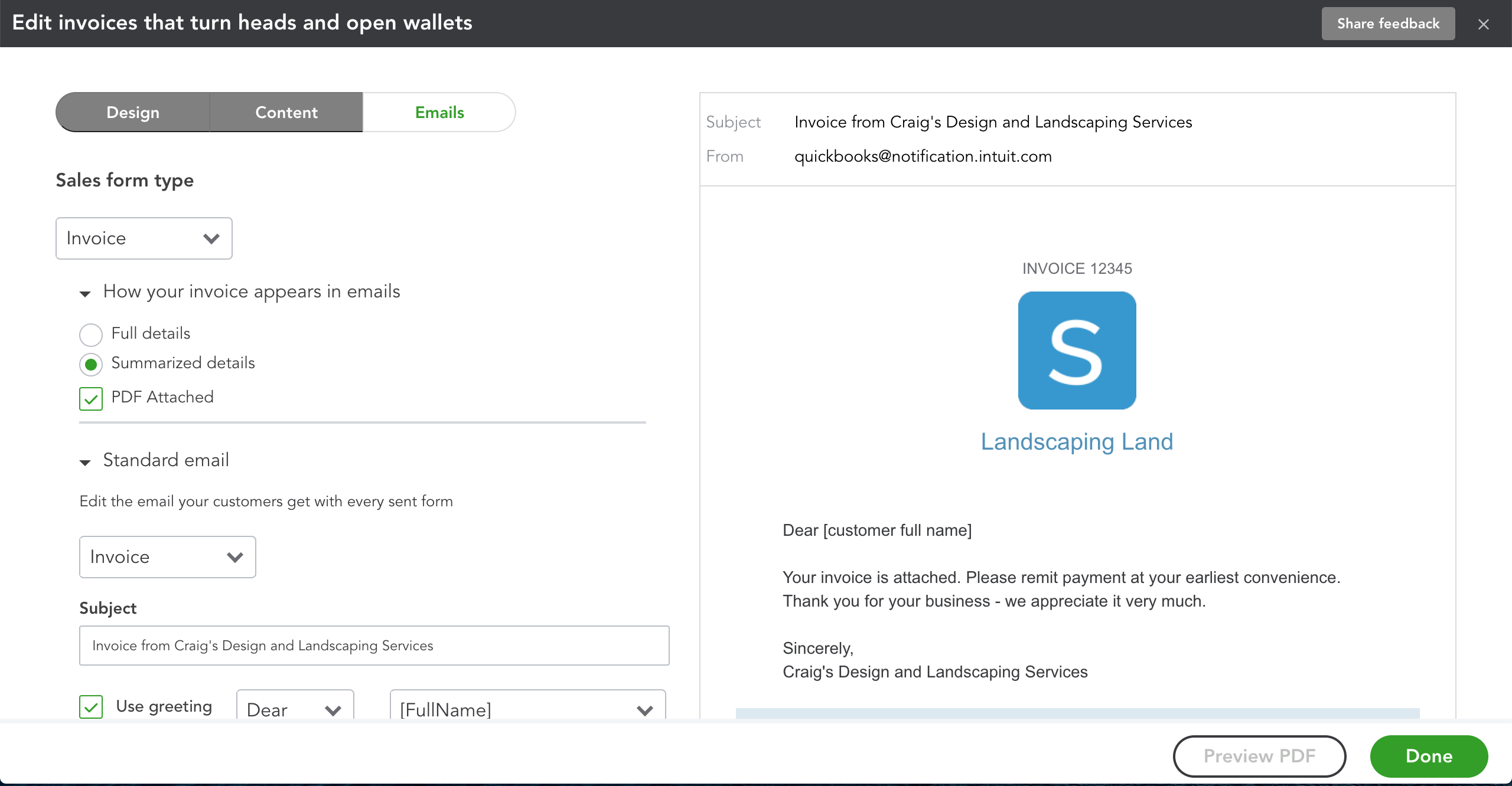 Edit Invoice Emails Tab