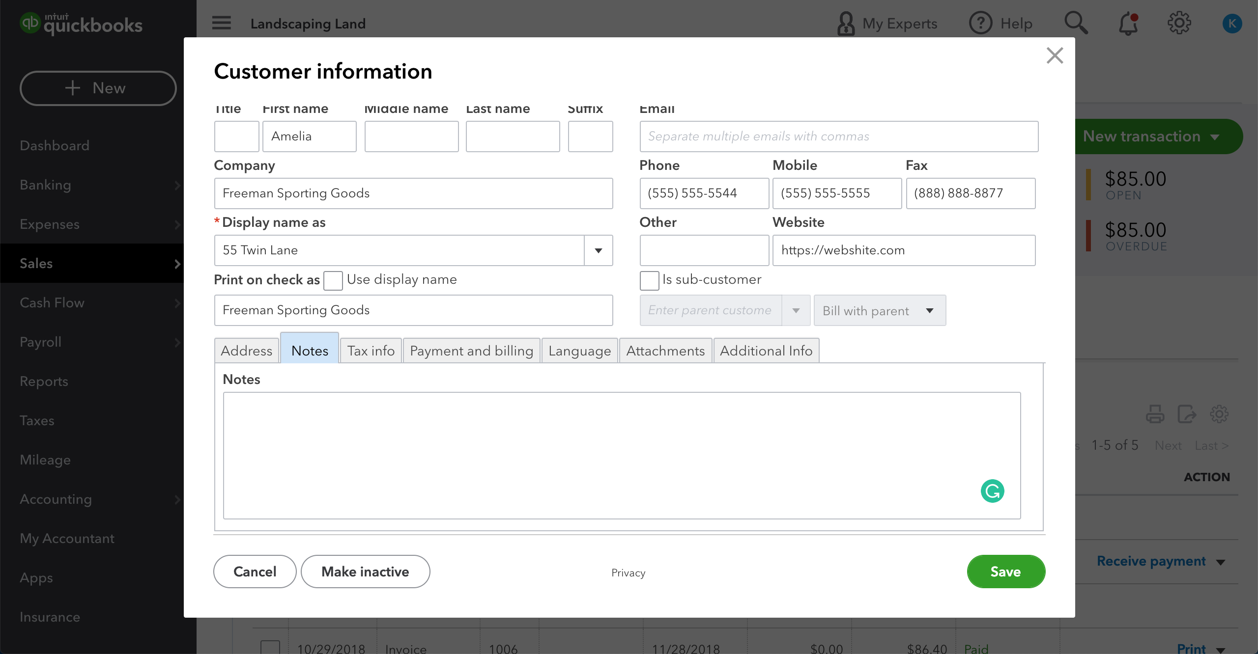 Other and Notes Fields in QuickBooks