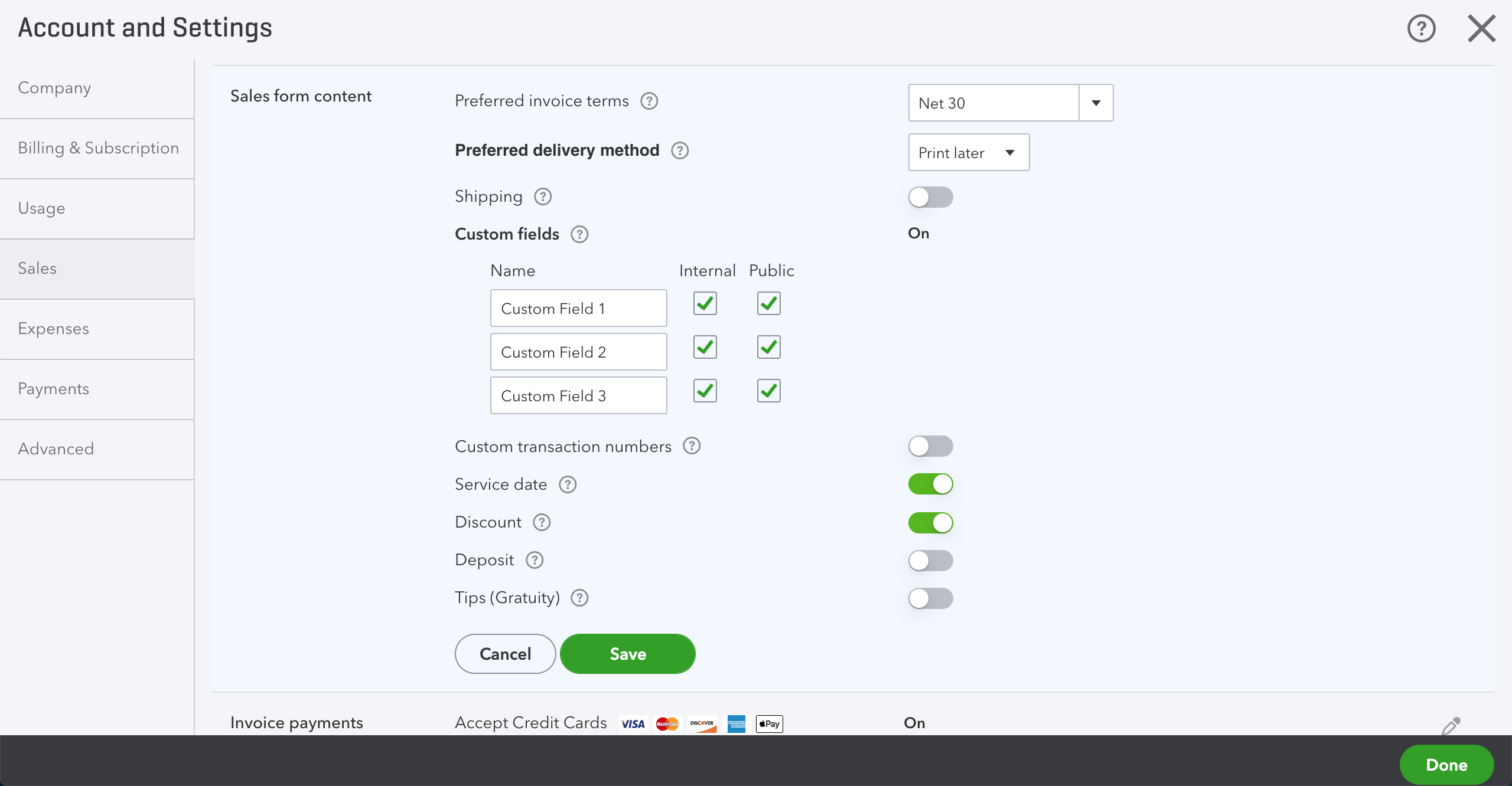 QuickBooks Online Custom Fields