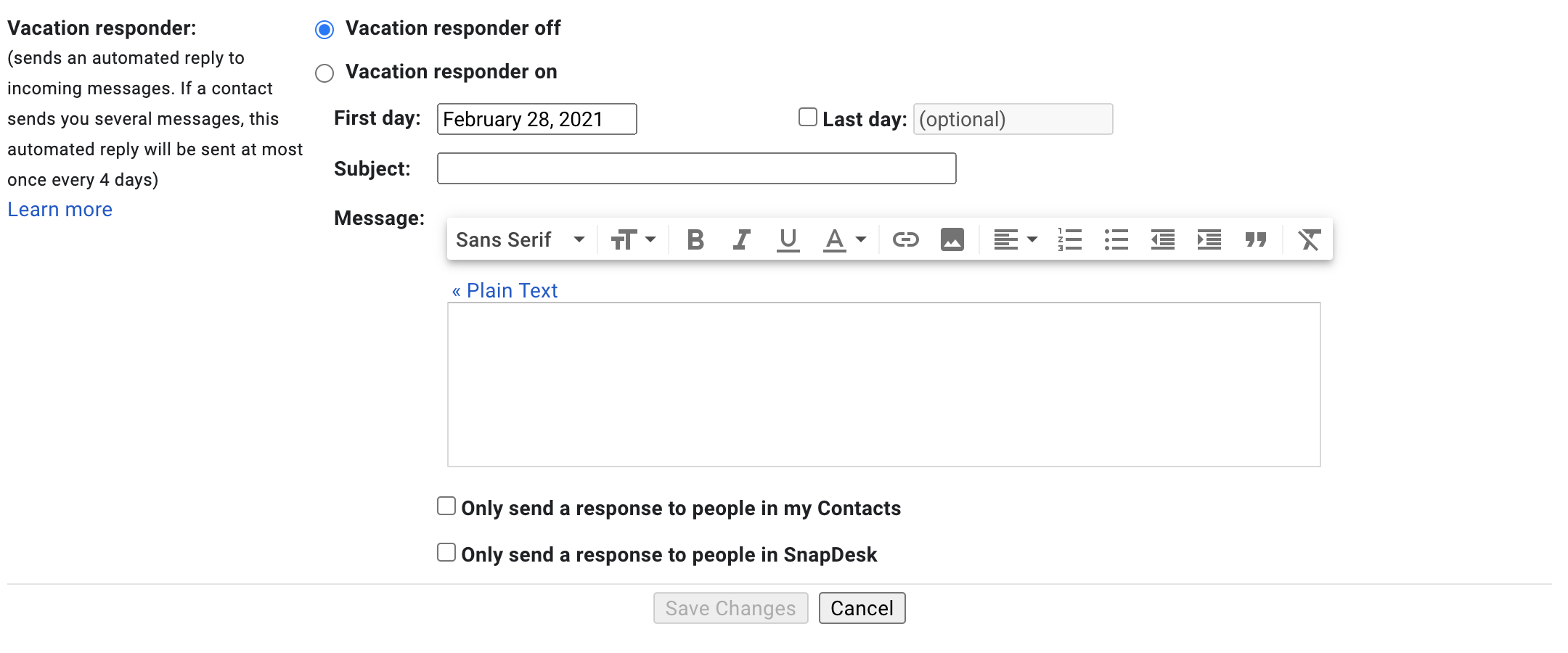 Gmail Out of Office Message Vacation Responder