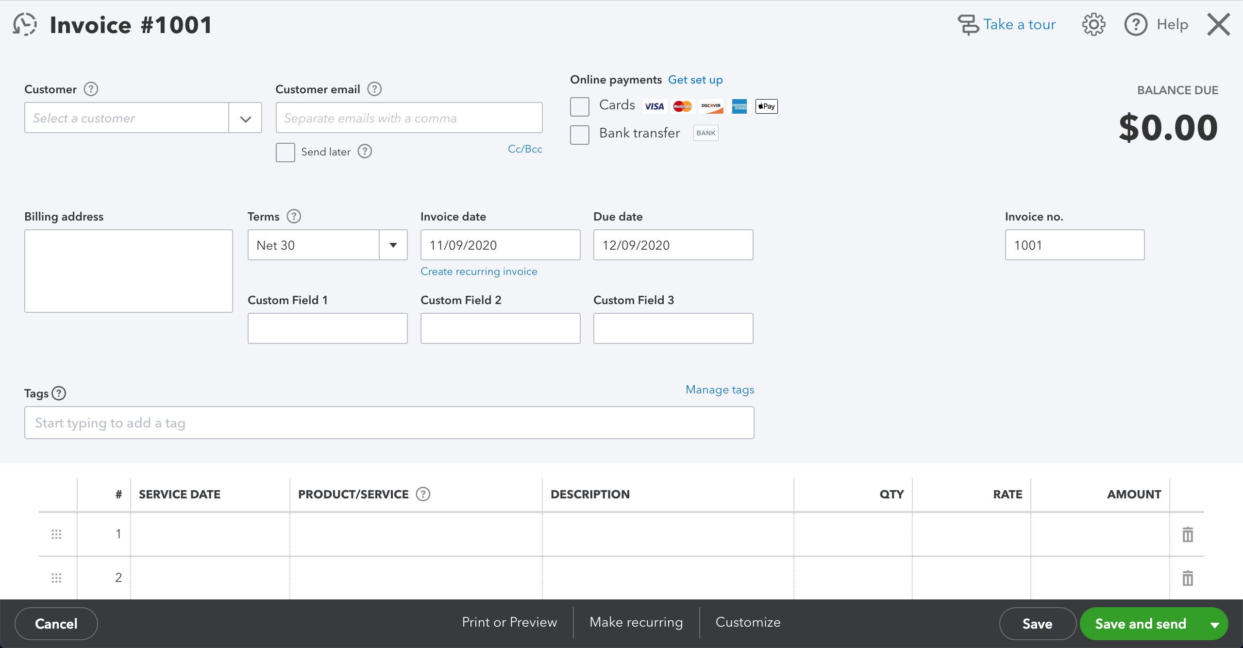 QuickBooks Online New Invoice