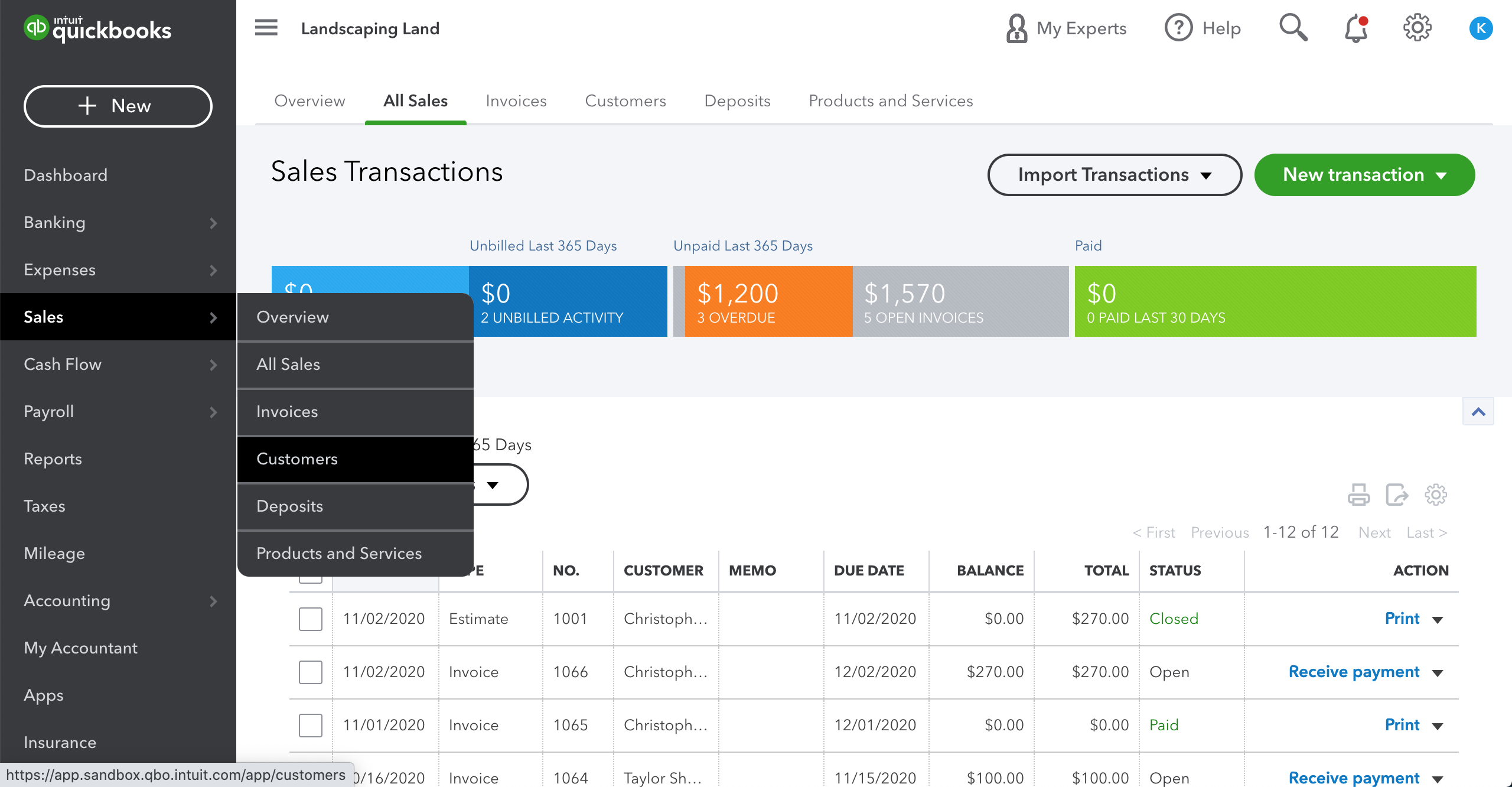 QuickBooks Dashboard Sales Customers