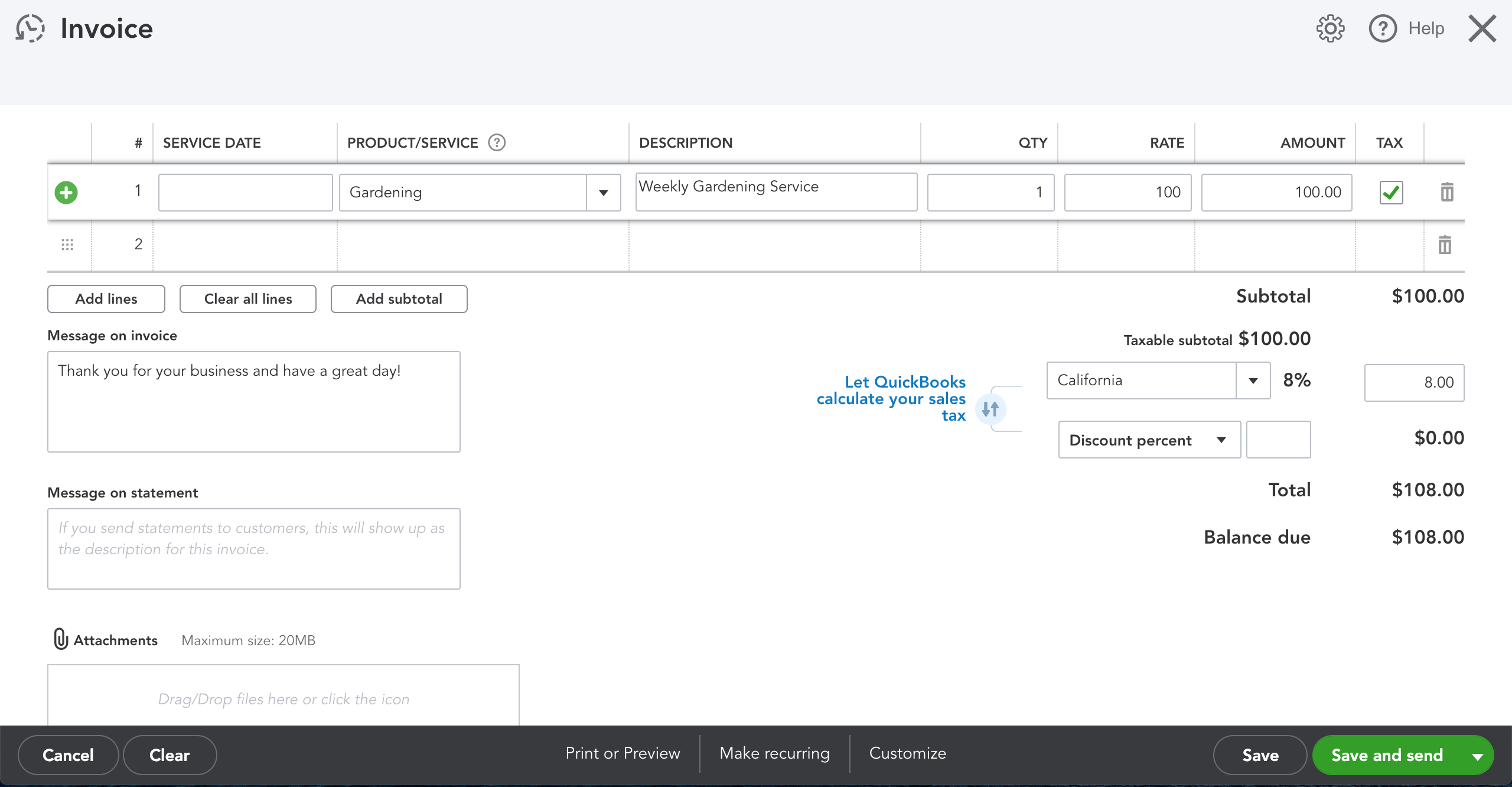 Completed Quickbooks Online Invoice