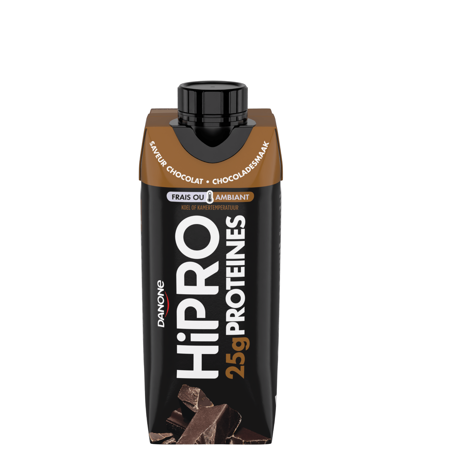 Découvrez notre délicieuse boisson UHT protéinée HiPRO Saveur chocolat, avec 25g de protéines et sans matières grasses. A emporter partout avec vous grâce à sa formule ambiante !