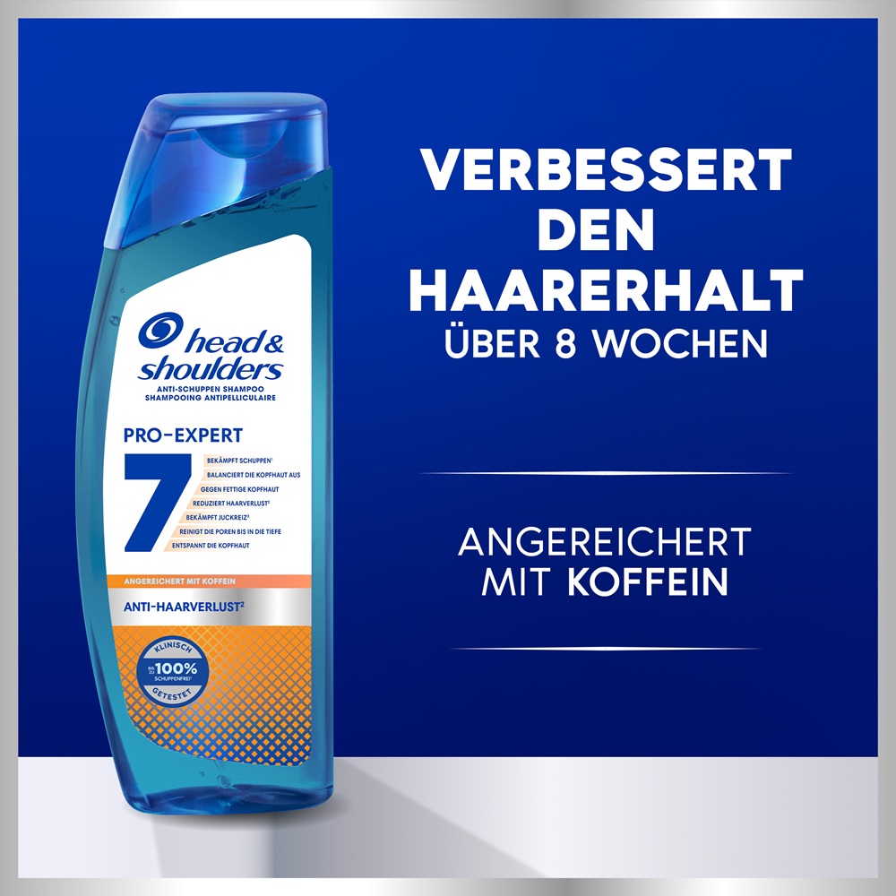 Anti-Haarverlust-Shampoo von Head & Shoulders Pro-Expert auf blauem Hintergrund. Verbessert Haarerhalt über 8 Wochen, angereichert mit Koffein.