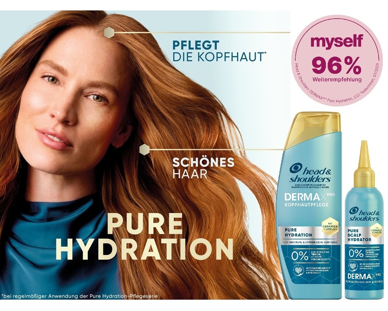 Werbung für Haarpflegeprodukt "PURE HYDRATION" mit Fokus auf Kopfhautpflege und schönes Haar.