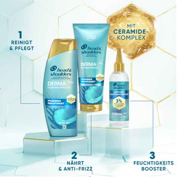 Head & Shoulders Dermaxpro Pflegende Feuchtigkeit Shampoo, Pflegespülung und Kopfhausmaske neben Kokosnuss- und Aloestückchen