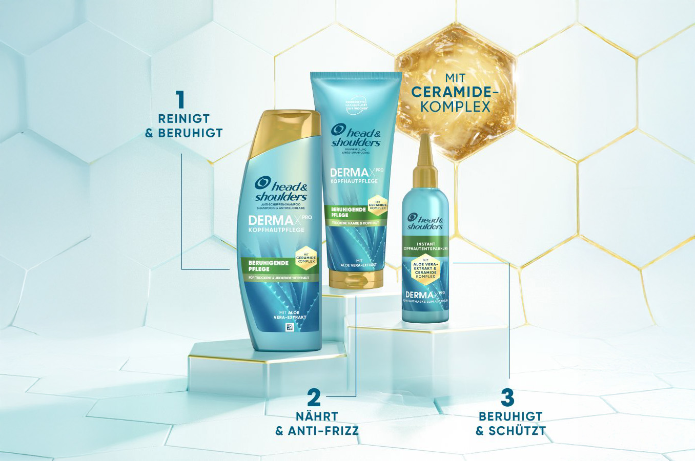 Head & Shoulders Dermaxpro Beruhigend Shampoo, Pflegespülung und Kopfhausmaske neben Kaktus- und Aloestückchen