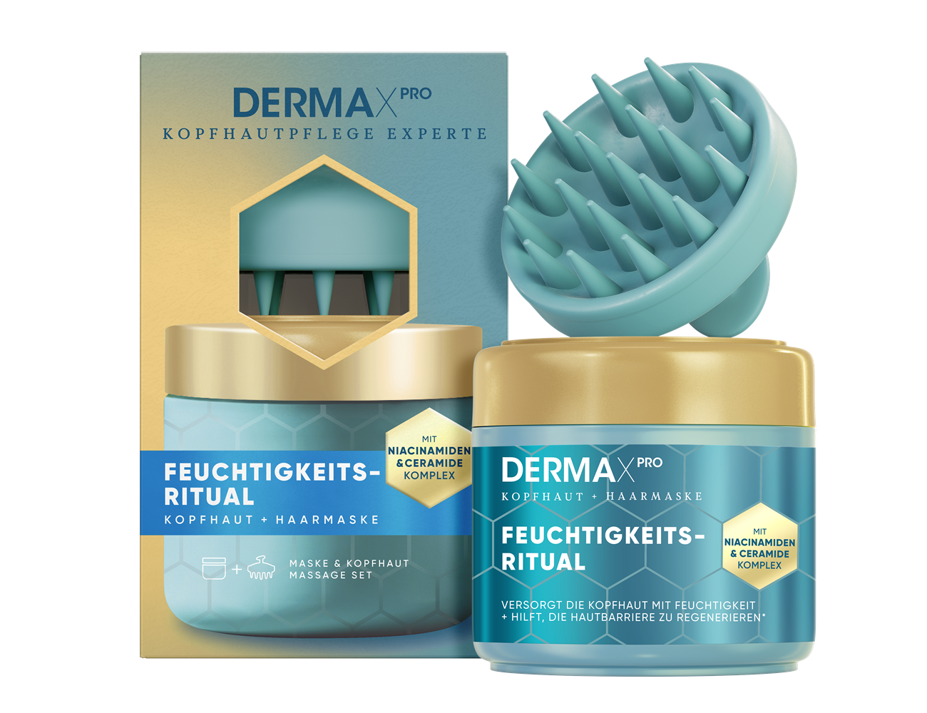 Ein Jar der DermaX Pro Kopfhaut- und Haarmaske mit der Aufschrift „Feuchtigkeits-Ritual“ und einem türkisfarbenen Sechseckmuster. Oben liegt ein passender türkisfarbener Kopfhaut-Massager.