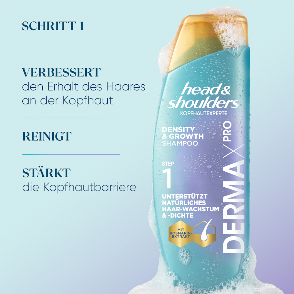 Schritt 1: Reinigen - Density & Growth Shampoo – erfrischt und stärkt die Kopfhaut.