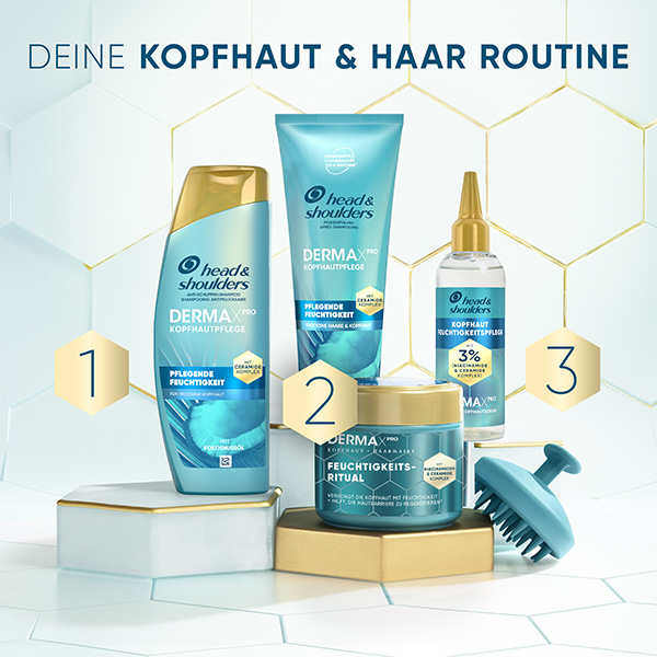 Head & Shoulders DERMAX Pro Produkte – Shampoo, Spülung und Serum mit Ceramid-Komplex.