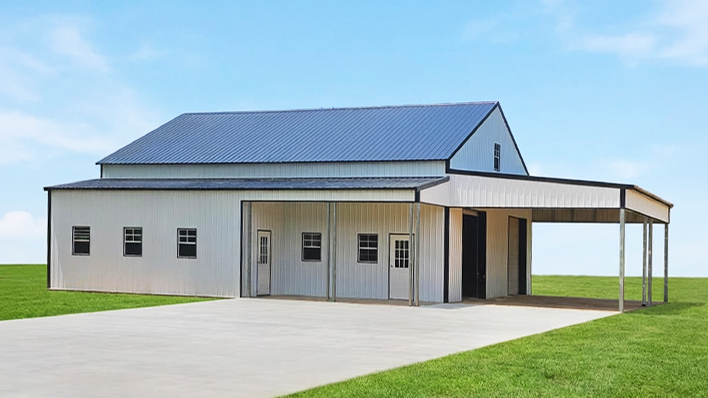 Residential Barndominium with Wraparound Lean-To Porch